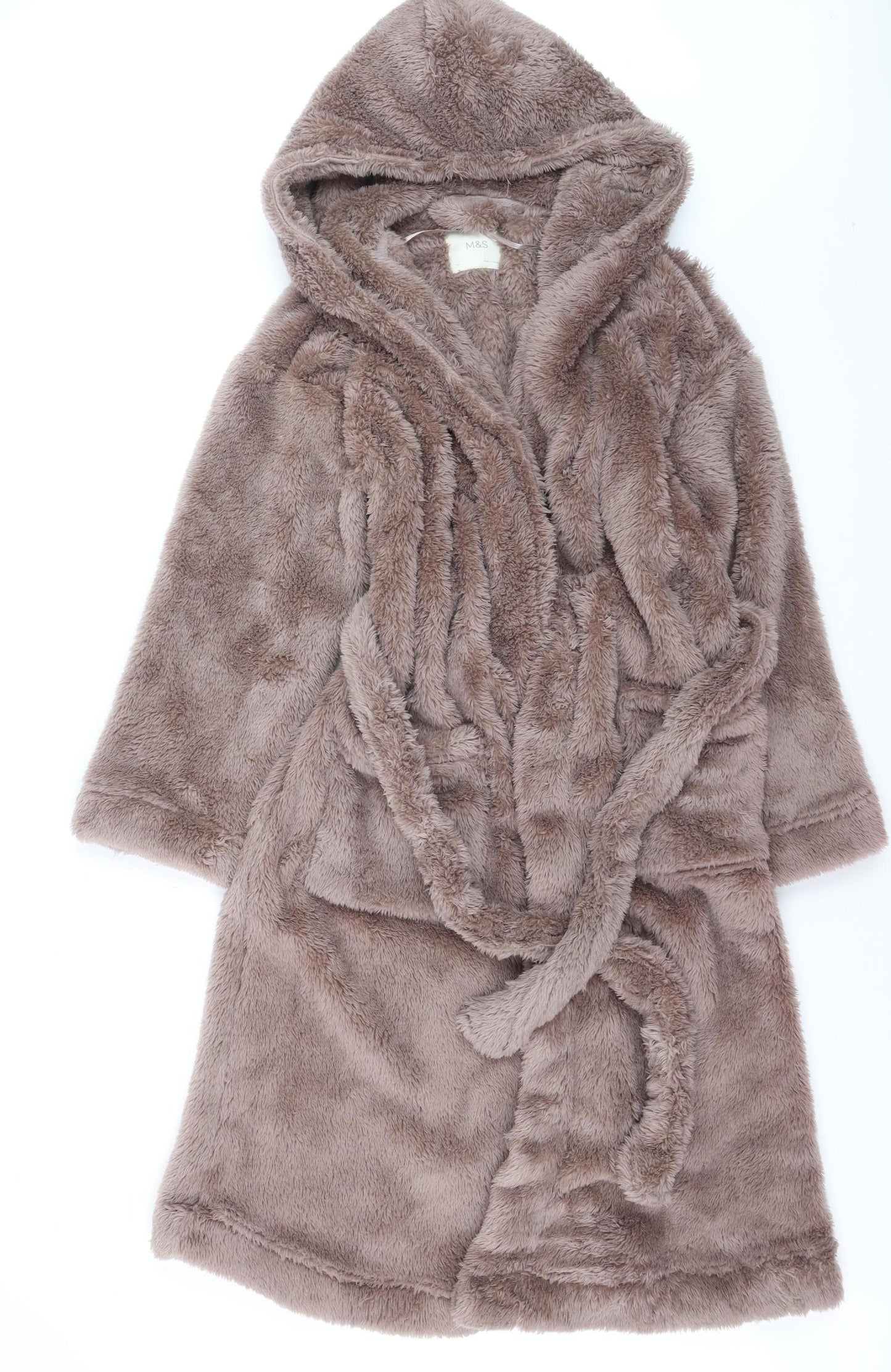 Marks and Spencer Women Brown Fleece Hooded Belted Robe M