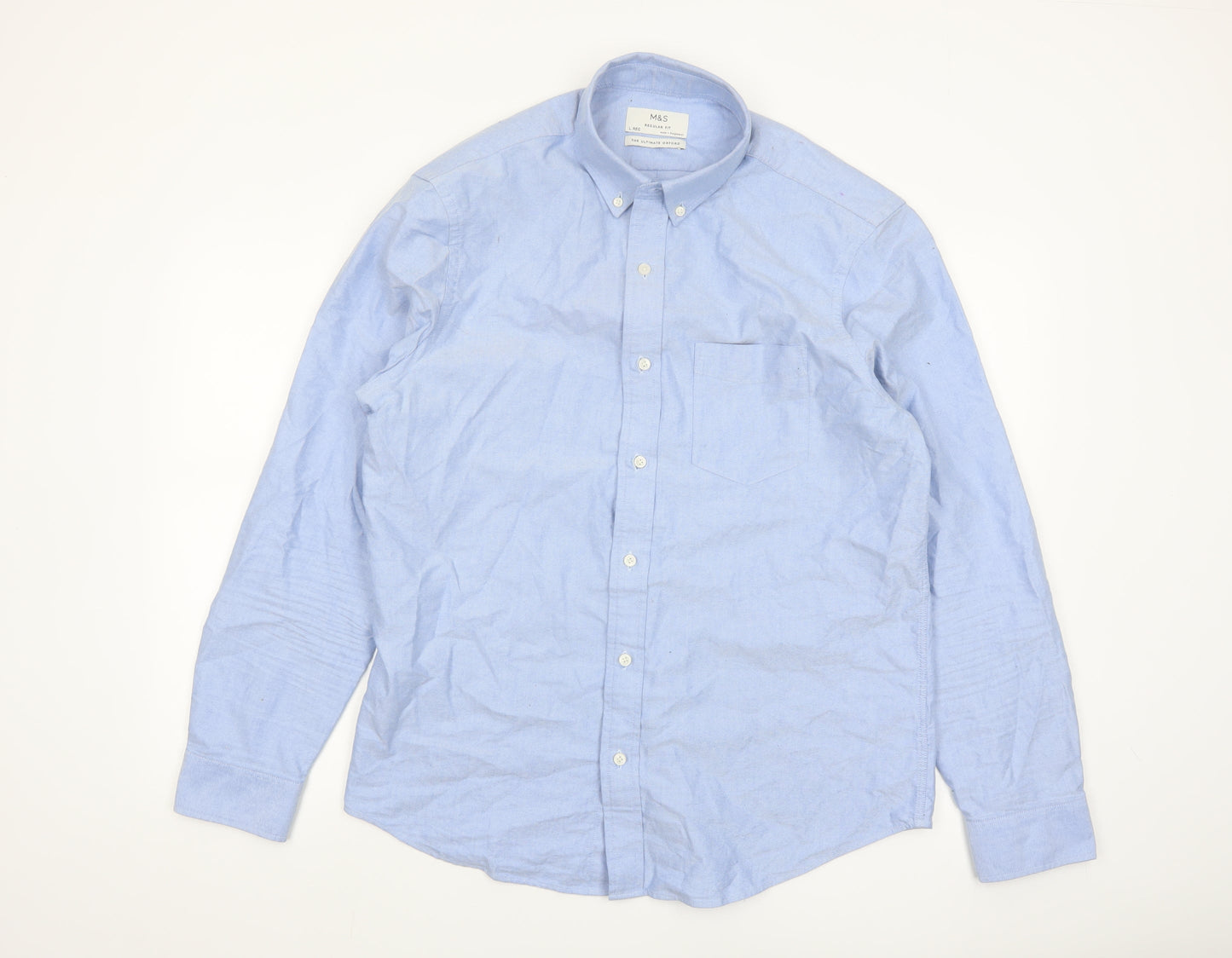 Marks and Spencer Men's Blue Regular Fit Oxford Button-Up Shirt L