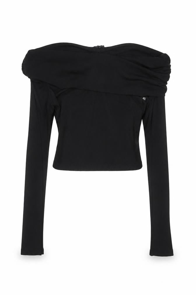 PRETTYLITTLETHING Women Black Off Shoulder Cropped Long Sleeve Blouse Size 8