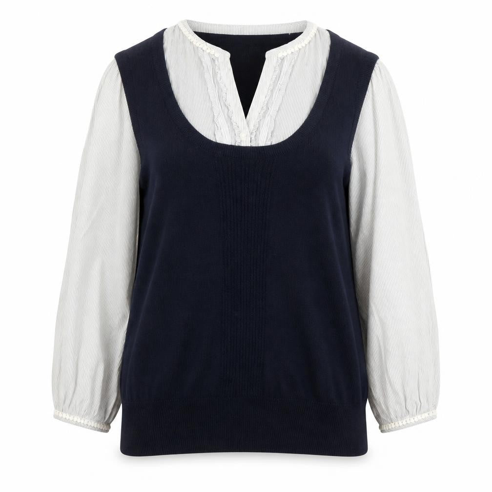 Monsoon Women’s Blue Knit Pullover Jumper Size 14 with Ruffle Neckline