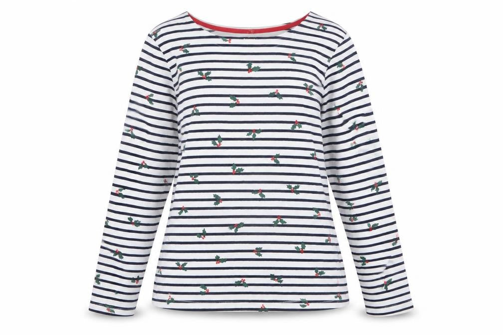 George Women’s White Striped Christmas Long Sleeve Cotton T-Shirt Size M