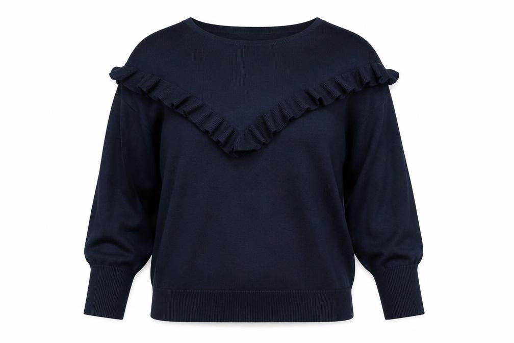 KILKY Women's Blue Ruffle Knit Long Sleeve Pullover Jumper S