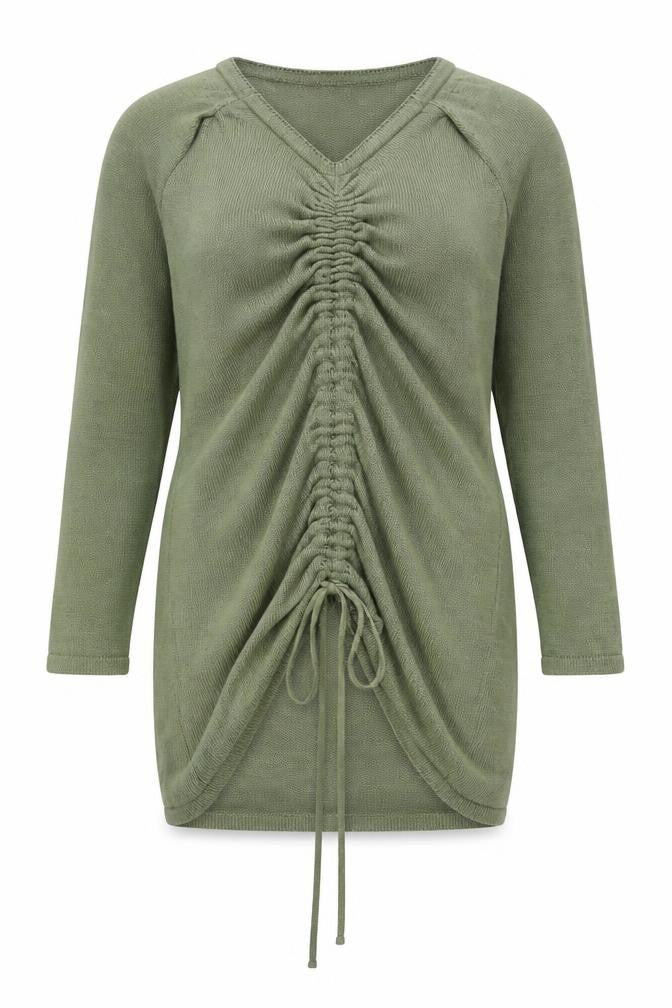 Front view of Fashionkilla Women Green V-Neck Long Sleeve Ruched Tunic Jumper, size 12