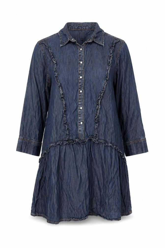 Little Wings Women Blue Chambray Shirt Dress M Collared Ruffle 3/4 Sleeve