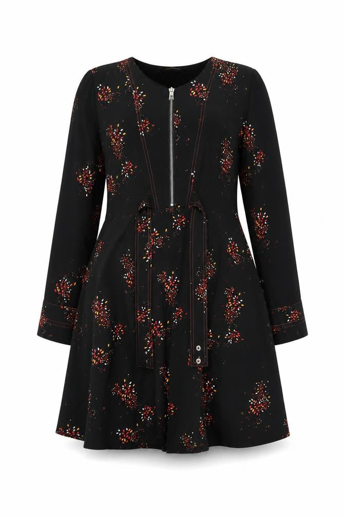 Trend by Captain Tortue Black Floral A-Line Zip Belted Dress Size 10