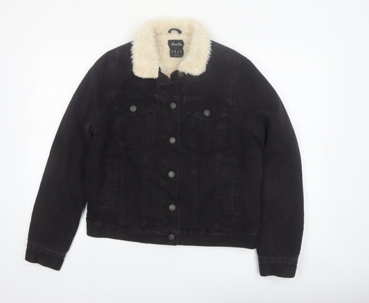 Additional front view of Denim Co women’s black sherpa collar jacket, size UK 10, regular cotton blend