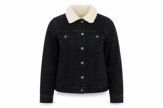 Front view of Denim Co women’s black sherpa collar jacket, size UK 10, regular cotton blend