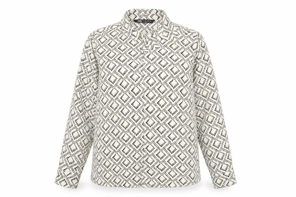 Zara Women Black Geometric Print Button-Up Shirt Size 12