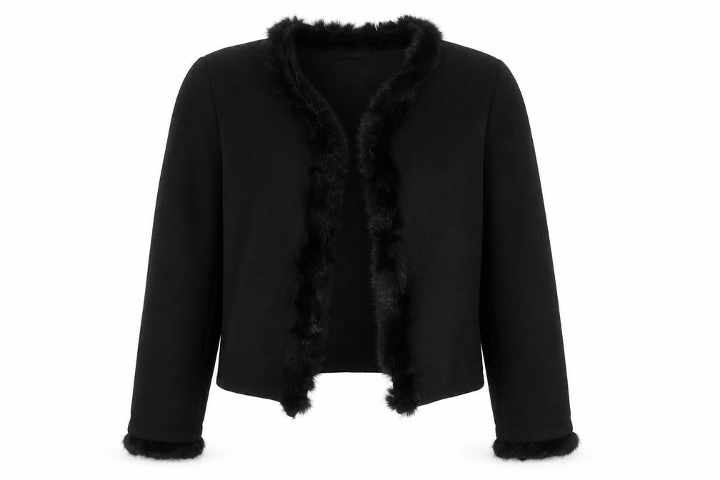 INTOWN Women’s Black Wool Fur Trim Cardigan M Classic Style
