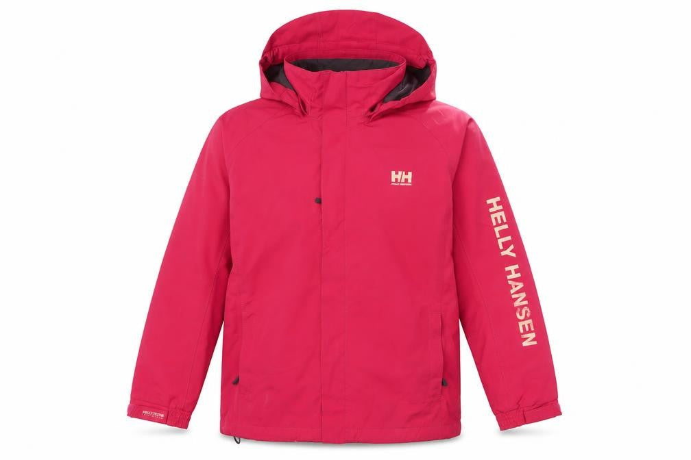 Front view of Helly Hansen girls’ red waterproof hooded rain coat jacket, size 14, years
