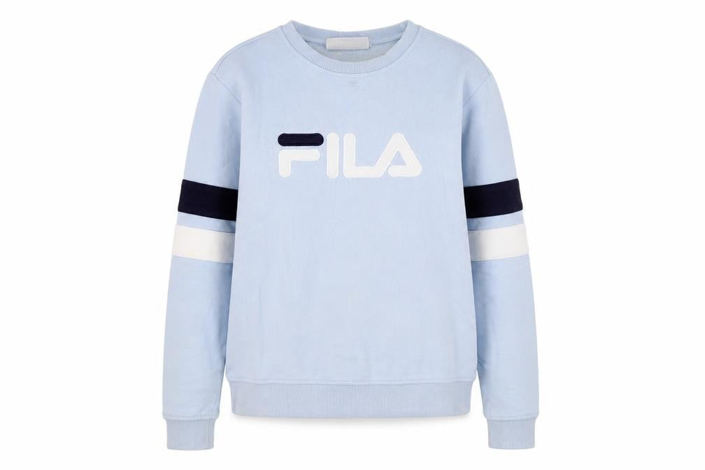 Front view of Fila Women's Light Blue Crew Neck Pullover Sweatshirt, size S
