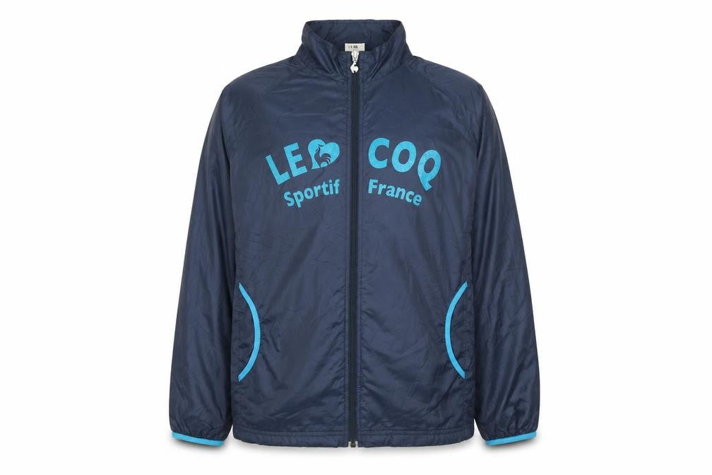 Front view of Le Coq Sportif boys’ blue full zip track jacket, size 12-13, years