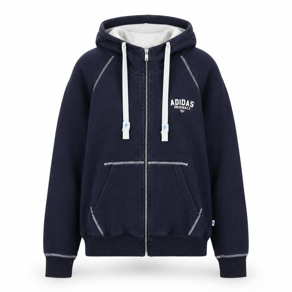 Front view of Adidas Originals women’s navy full zip hoodie, size UK 12