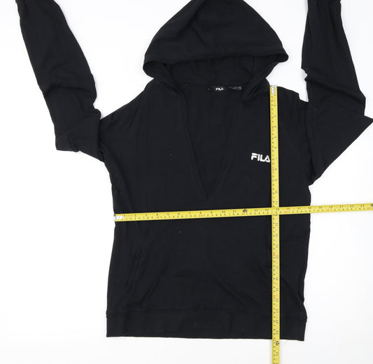 FILA Womens Black Pullover Hoodie Size 14 V-Neck Logo Sweatshirt