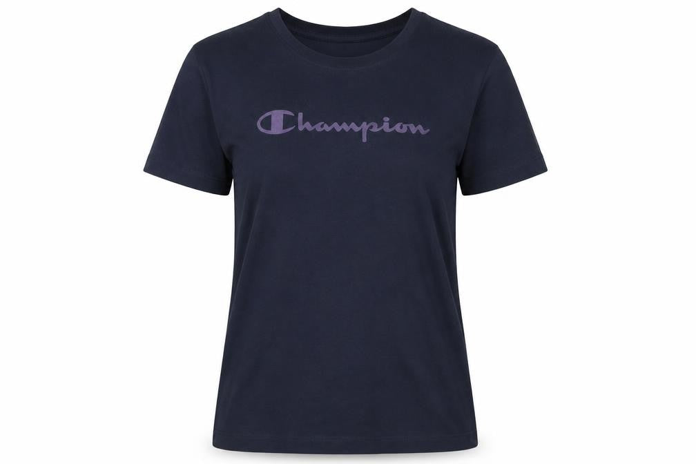 Champion Women Navy Blue Logo T-Shirt L Short Sleeve Cotton