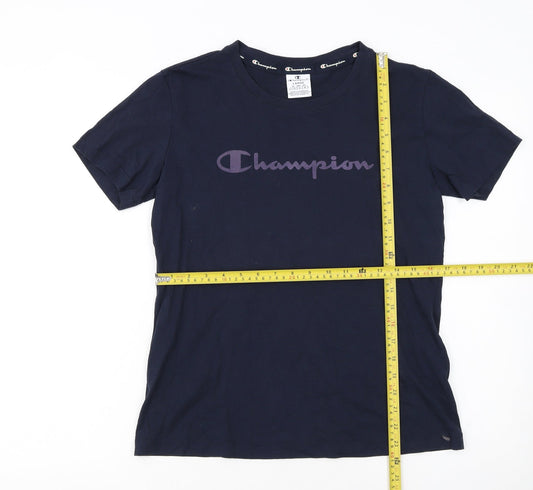 Champion Women Navy Blue Logo T-Shirt L Short Sleeve Cotton