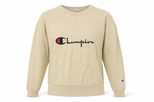 Champion Womens Beige Reverse Weave Sweatshirt Large Logo Crew Neck