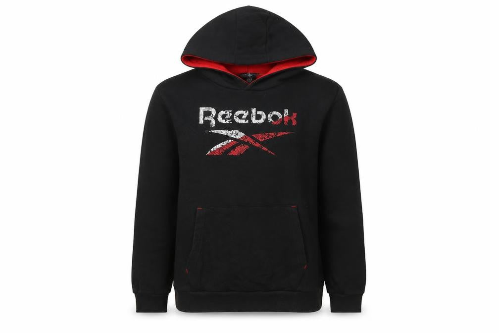 Front view of Reebok boys’ black pullover hoodie xl 15-16 years graphic logo fleece