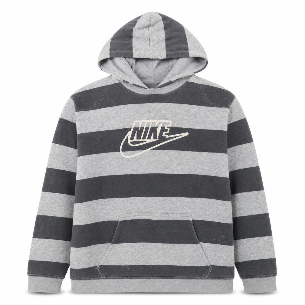 Front view of Nike boys’ grey striped pullover hoodie l 12/13 years hooded fleece sweatshirt