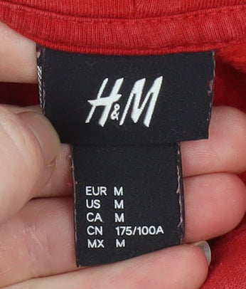 H&M Mens Red Hoodie Medium Pullover Embroidered Animal Graphic Sweatshirt