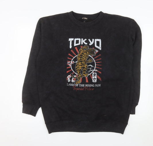 QED London Men's Black Tokyo Tiger Graphic Pullover Sweatshirt L