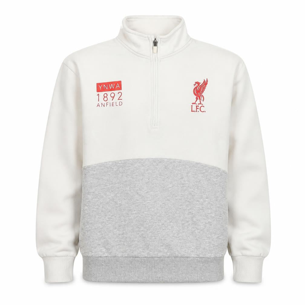 Front view of Liverpool FC boys’ white grey 1/2 zip sweatshirt 9-10 years lined cotton blend