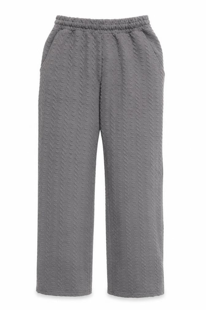 Front view of boohooMAN Men's Grey Textured Knit Trousers, size L, Casual Straight Fit