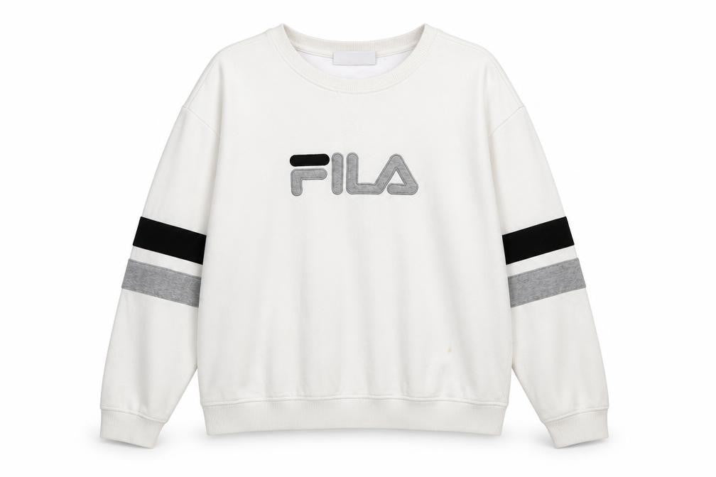 FILA Women’s White XXL Crew Neck Sweatshirt with Logo and Striped Sleeves