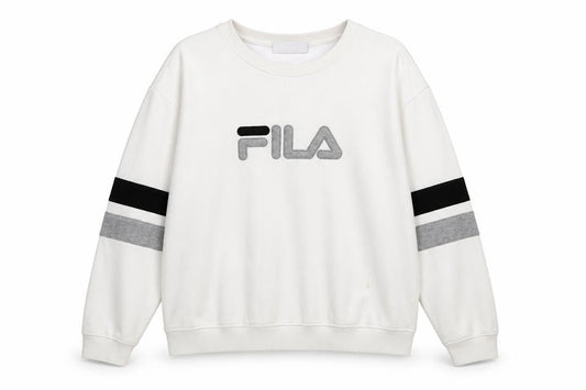 FILA Women’s White XXL Crew Neck Sweatshirt with Logo and Striped Sleeves