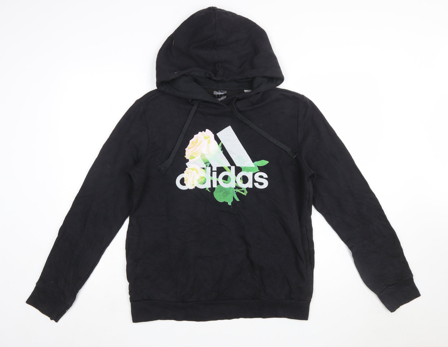 Adidas Women Black Floral Logo Pullover Hoodie Size L