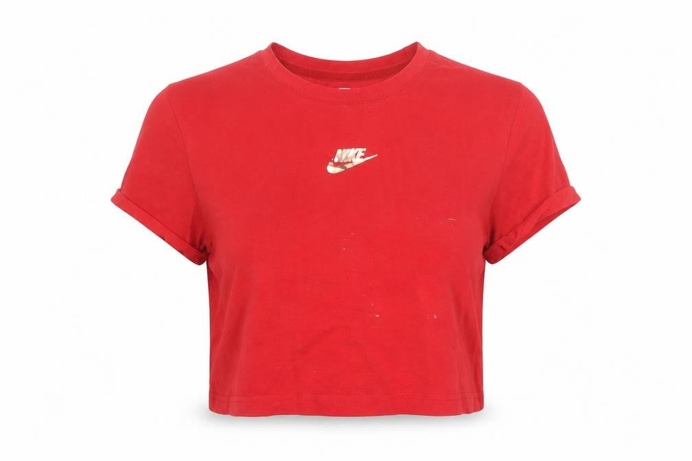 Front view of Nike girls’ red cropped dri-fit t-shirt xl athletic fit sports top