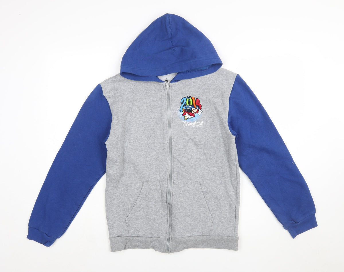 Front view of Disney Parks girls’ grey blue full zip hoodie 14 years mickey mouse 2014