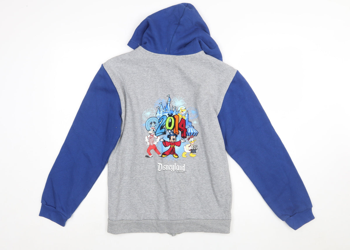 Close-up detail of Disney Parks girls’ grey blue full zip hoodie 14 years mickey mouse 2014
