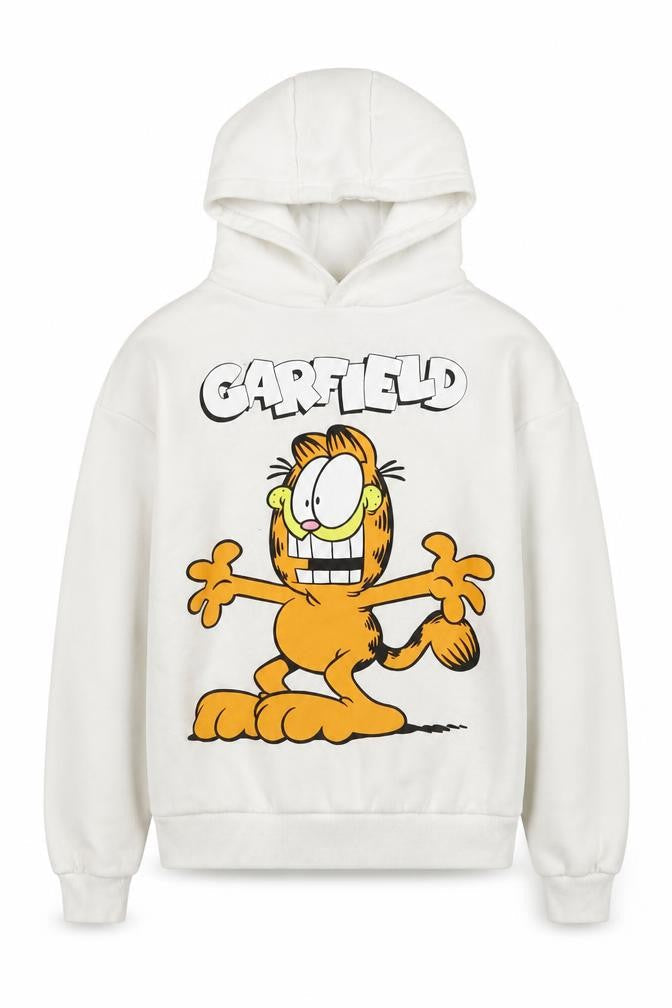 Front view of Garfield boys’ white pullover hoodie 10-11 years cartoon graphic fleece