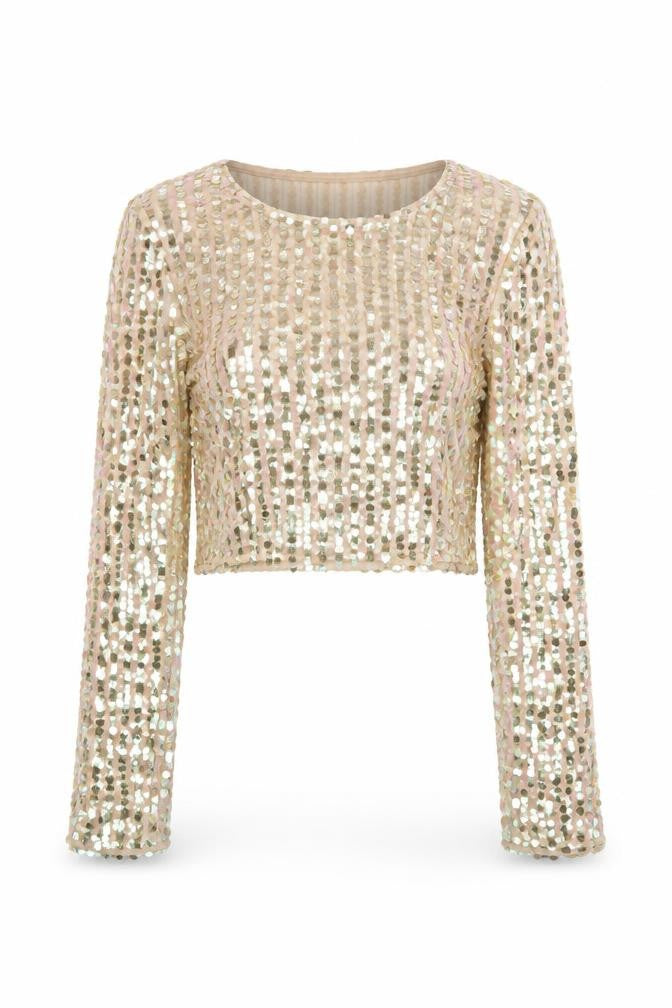 Front view of Club London Women Beige Sequin Cropped Long Sleeve Blouse, size 8