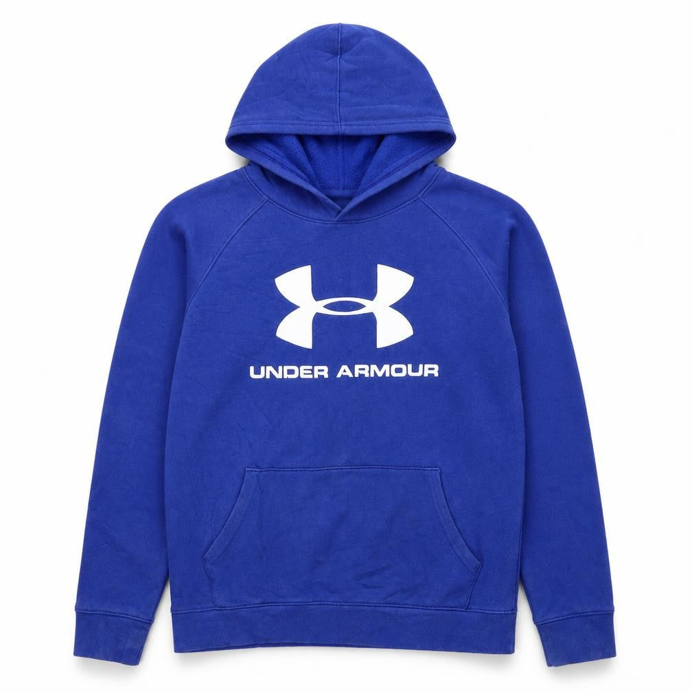 Front view of Under Armour boys’ blue xl pullover hoodie fleece coldgear sportswear