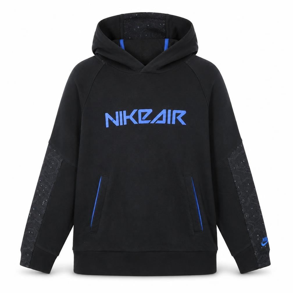 Front view of Nike boys’ black pullover hoodie 12-13 years graphic print sportswear