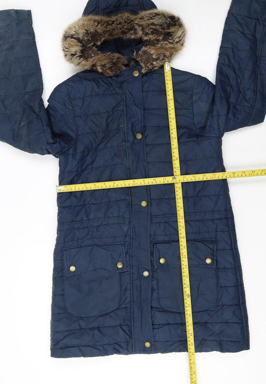Barbour Women's Blue Long Hooded Puffer Coat Size 8 Faux Fur Trim