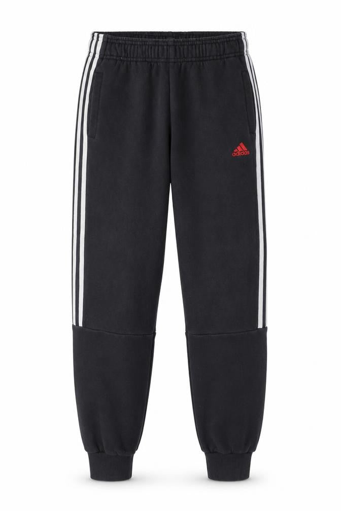 Front view of Adidas boys’ black jogger trousers 12 years fleece side stripe sportswear