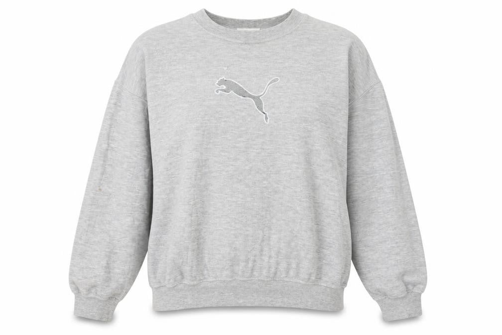 Front view of Puma women’s grey crew neck pullover sweatshirt, size L, cotton blend