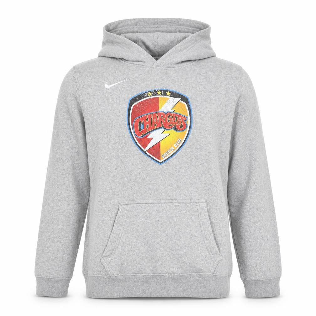 Front view of Nike boys’ grey chargers soccer club pullover hoodie xl fleece sweatshirt