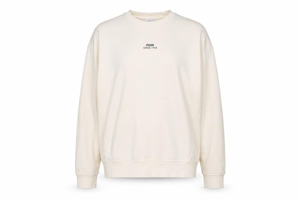 Front view of Puma Women Beige Small Pullover Sweatshirt Crew Neck Long Sleeve
