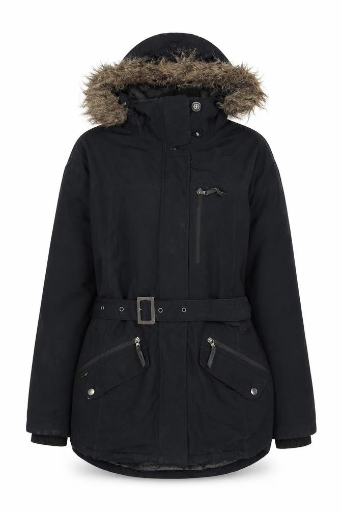 Columbia Womens Black Parka Jacket M Hooded Belted Winter Coat