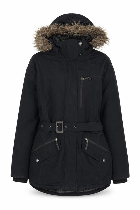 Columbia Womens Black Parka Jacket M Hooded Belted Winter Coat