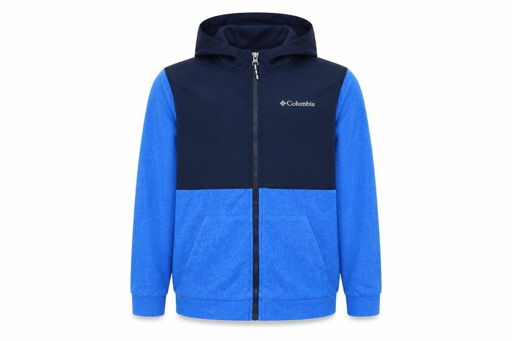 Front view of Columbia boys’ blue colourblock full zip hooded fleece jacket, size 14, years