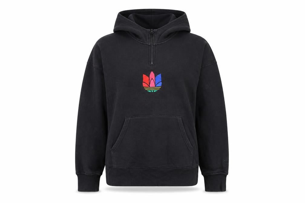 Front view of Adidas Women's Black 1/2 Zip Hoodie, size 8, Embroidered Logo Cotton Blend