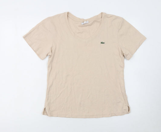 Lacoste Women Beige V-Neck Cotton T-Shirt Size 18