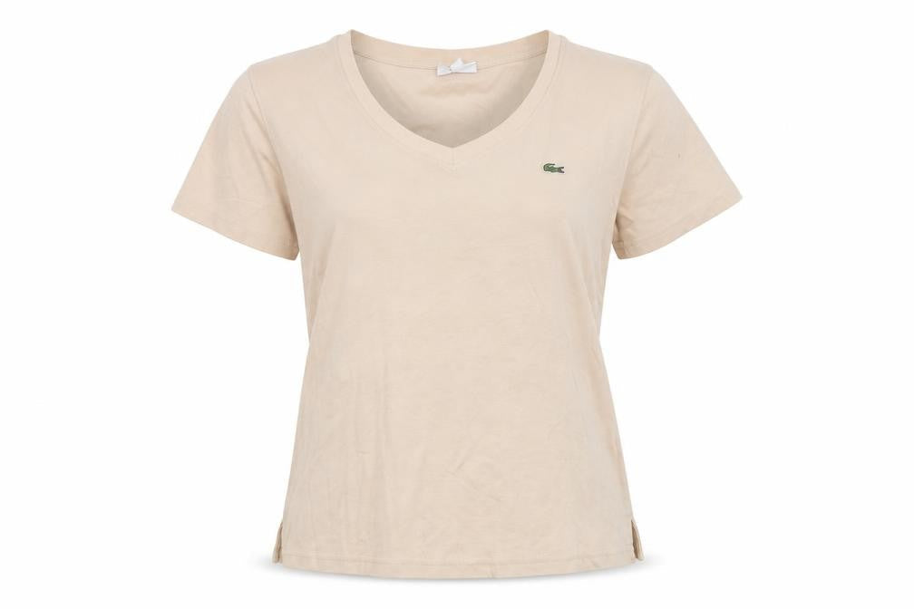 Lacoste Women Beige V-Neck Cotton T-Shirt Size 18