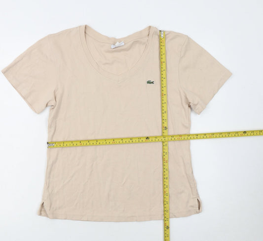 Lacoste Women Beige V-Neck Cotton T-Shirt Size 18
