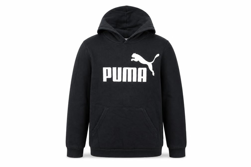 Front view of Puma boys’ black pullover hoodie 13-14 years logo graphic fleece sweatshirt